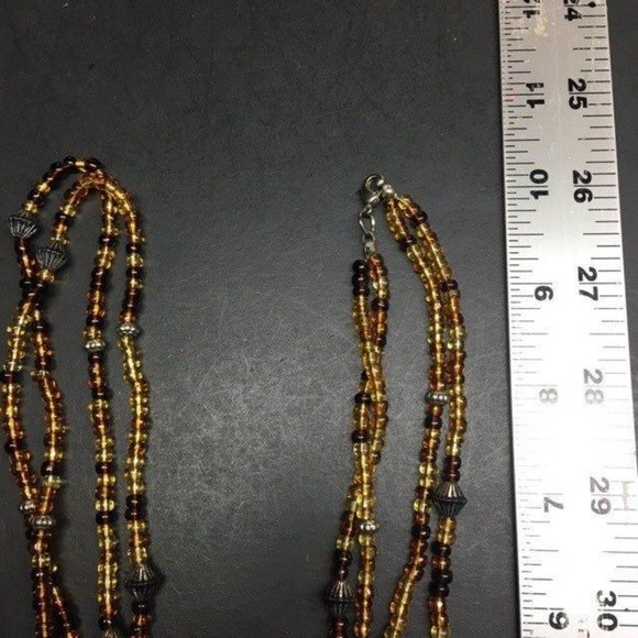 Long Double Strand Necklace Amber Brown Beads Fluted Silver Retro Boho Hippie - Picture 6 of 6